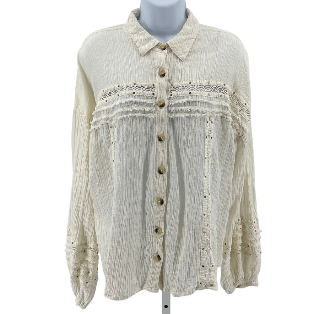 Free People Shirt WMNS L Summer Stars Button Down Cream Crinkled Lace Trim Boho